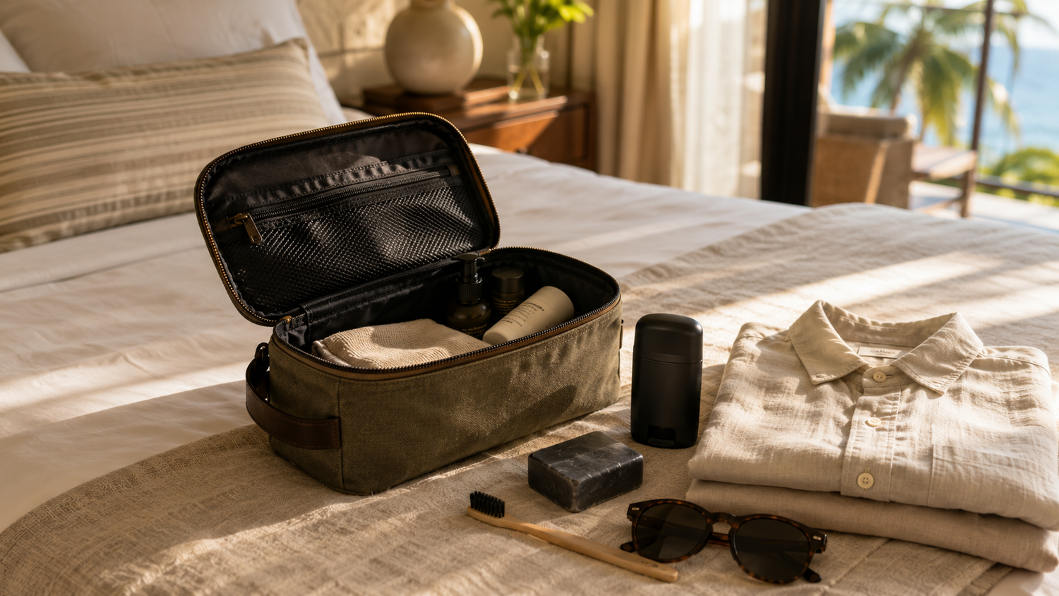Open travel toiletry bag arranged neatly on a hotel bed before a summer trip.