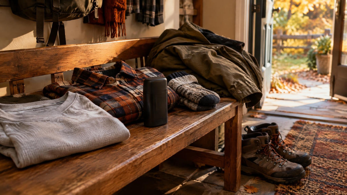 Fall mudroom bench with an unbranded deodorant stick, breathable undershirt, flannel shirt, canvas jacket, and hiking shoes in warm afternoon light