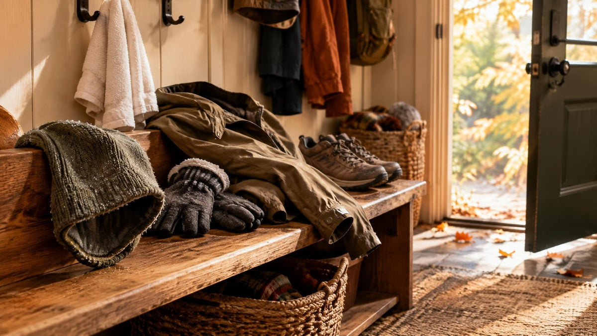Autumn beanie and gloves drying in a warm, lived-in mudroom with a jacket, shoes, and woven storage basket