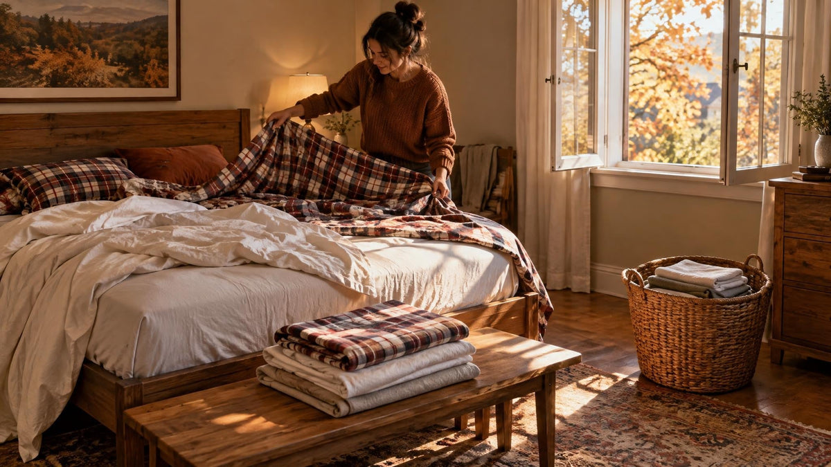 Person changing to freshly laundered flannel sheets in a warm fall bedroom with folded bedding, an open window, and a nearby laundry basket