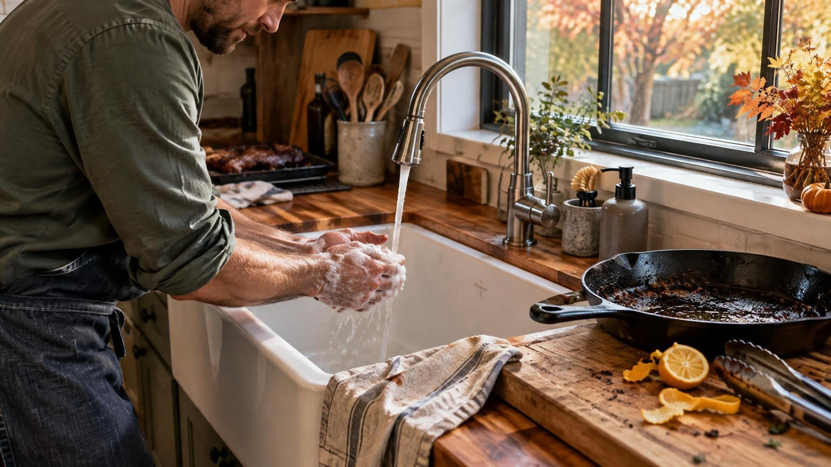 Adult washing greasy hands with thick soap lather at a farmhouse kitchen sink after preparing a barbecue meal, with a cast-iron skillet and cooking tools nearby
