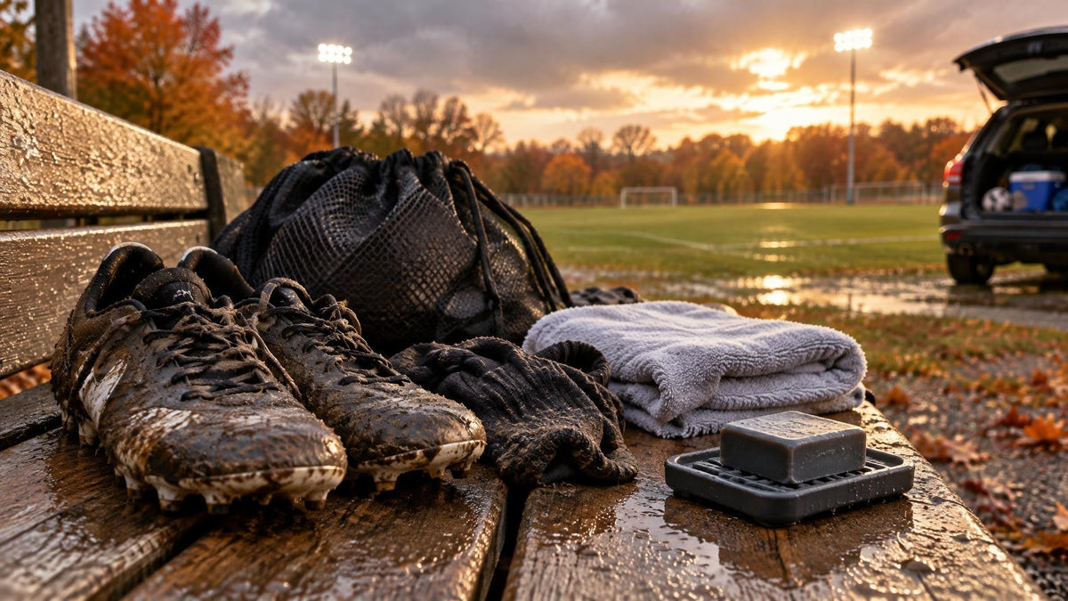 Muddy unbranded sports cleats, damp socks, a mesh gear bag, clean towel, and plain soap rest on a bench beside a rainy fall sports field