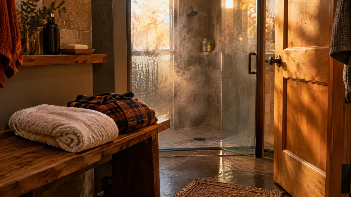 Warm fall bathroom with a clean towel and flannel shirt beside a steamy shower, unbranded body wash, and plain soap dish
