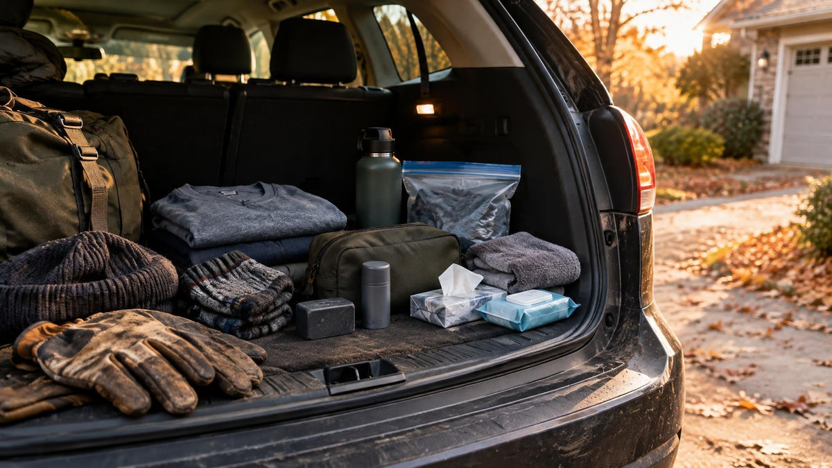 Cold-weather personal-care kit organized in the open hatch of a vehicle with a spare shirt, towel, deodorant, soap, and damp-clothing bag