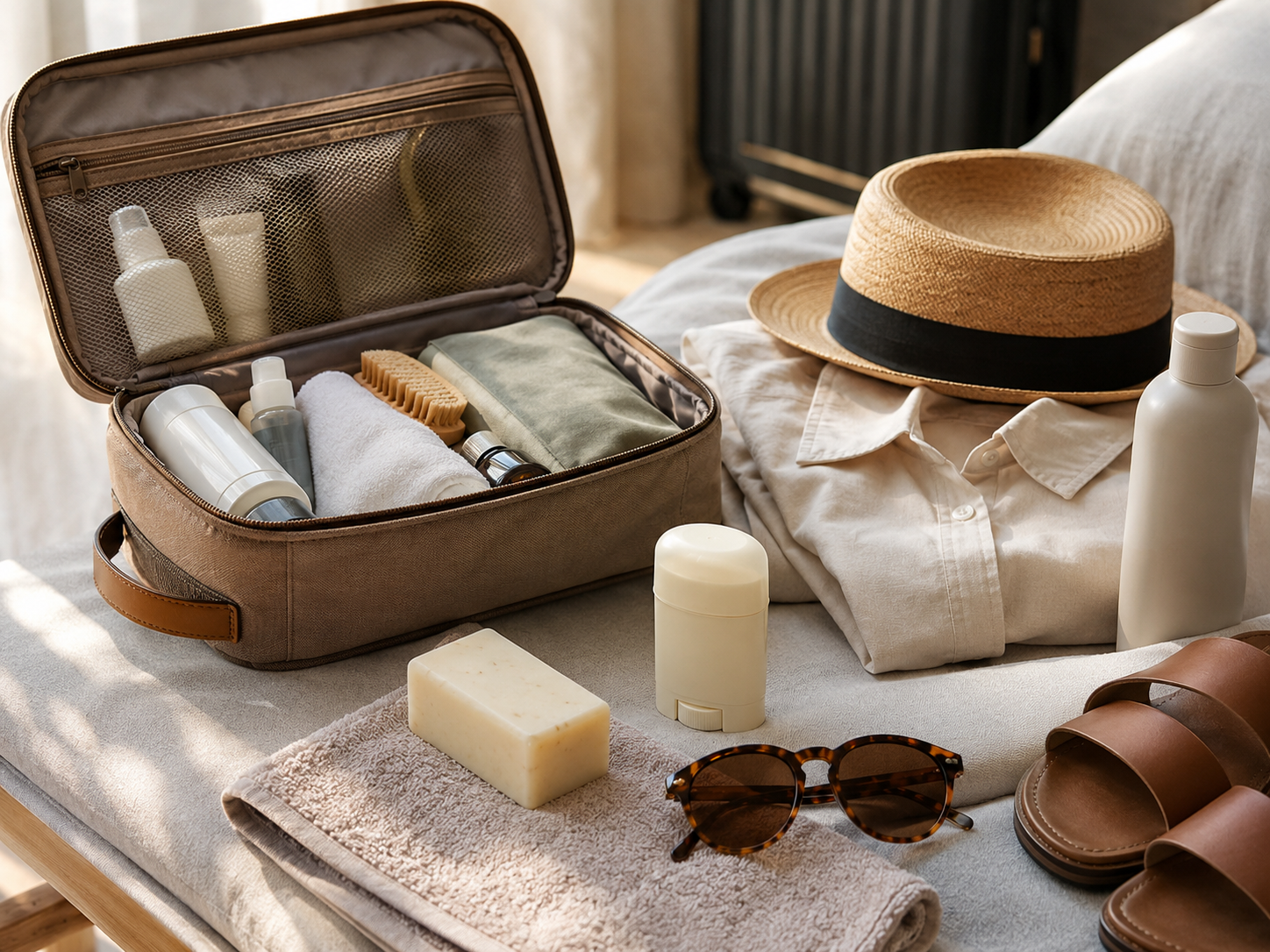 Weekend travel bag with unbranded body soap and deodorant beside a towel, sunglasses, and warm-weather essentials