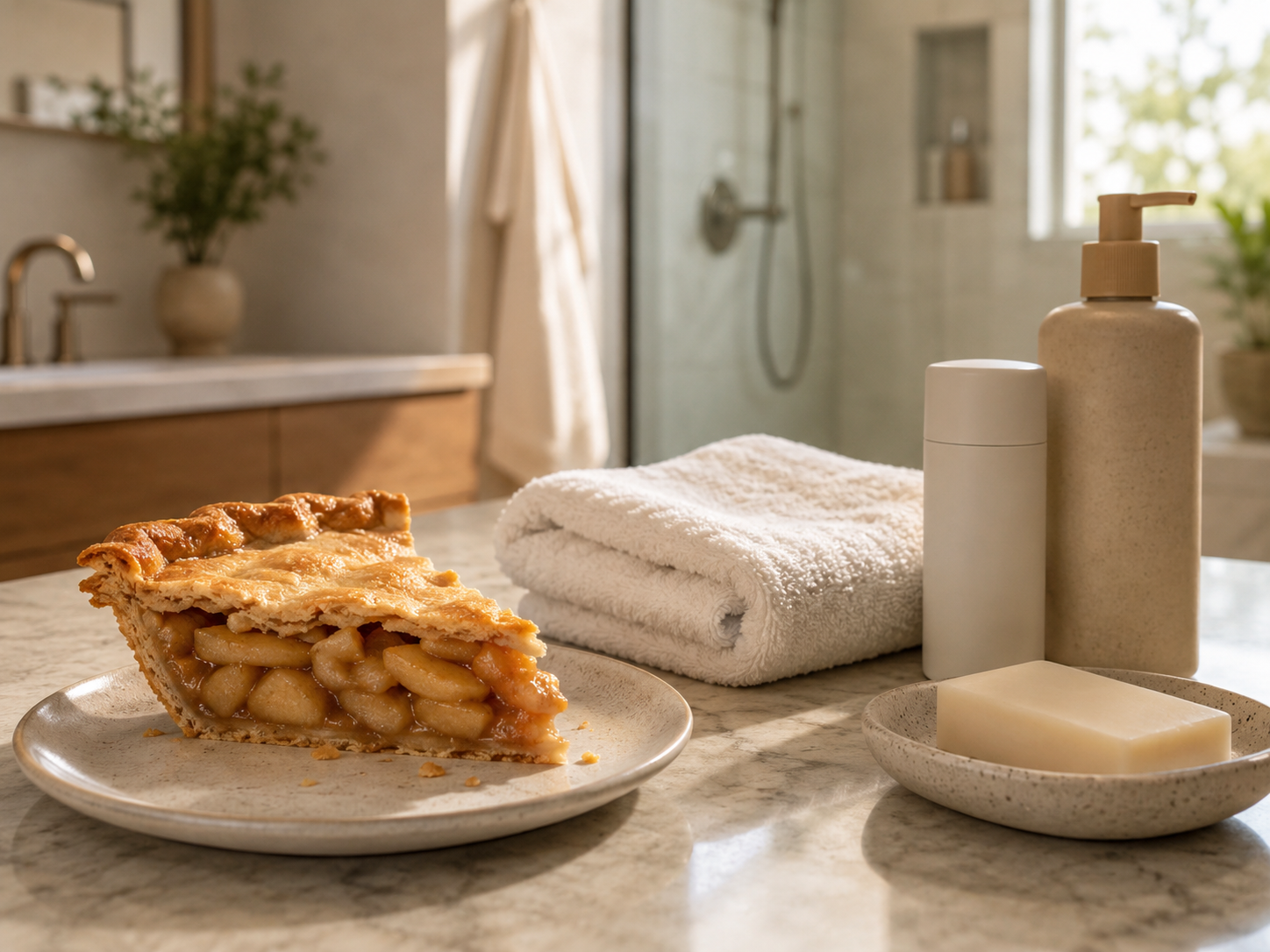 Apple pie on a bathroom counter near a clean towel and unbranded shower essentials representing simple daily hygiene