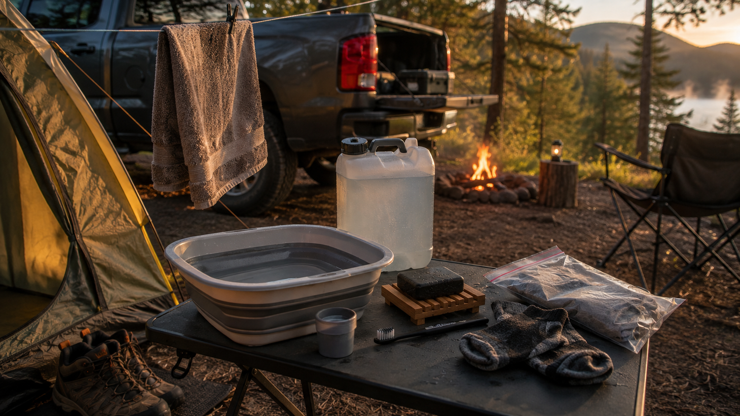 Practical campsite wash station with basin, water container, clean towel, unbranded soap, toothbrush, socks, tent, and hiking gear.