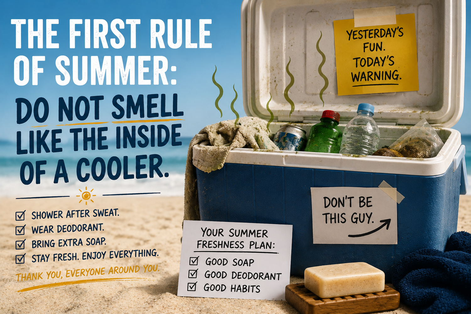 Humorous summer beach scene featuring a messy cooler filled with melted ice, bottles, towels, and clutter beside an unlabeled bar of soap, with playful signs about staying fresh during hot weather.