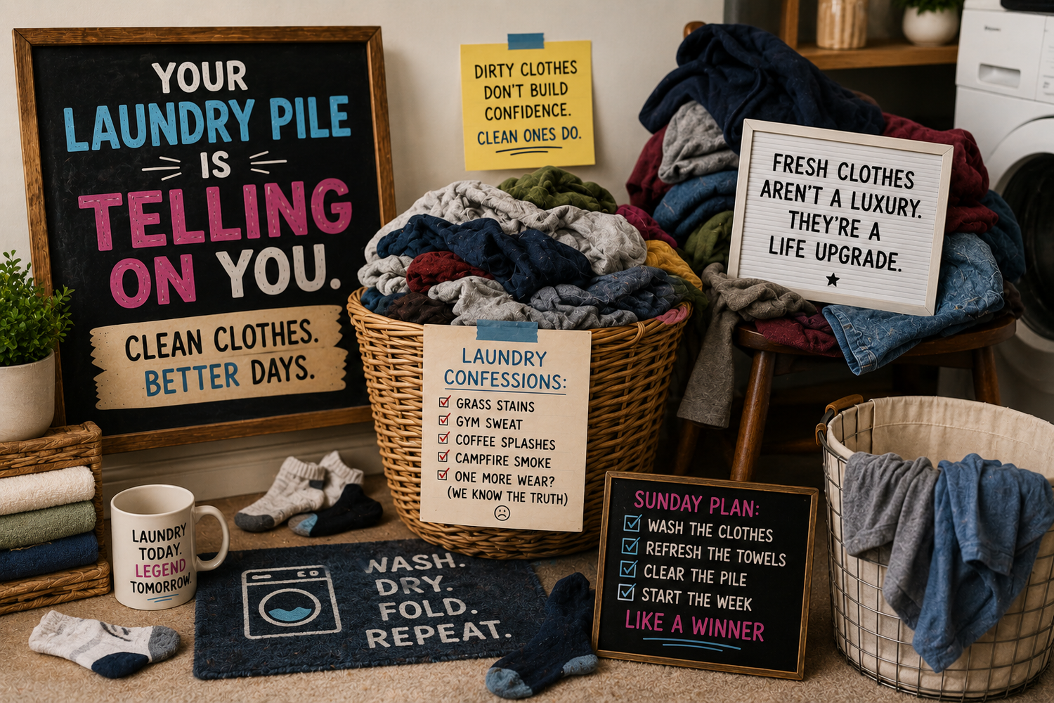Humorous laundry room scene featuring overflowing laundry baskets, piles of clothes, folded towels, socks on the floor, and playful signs about fresh clothes, laundry habits, and starting the week clean and organized.