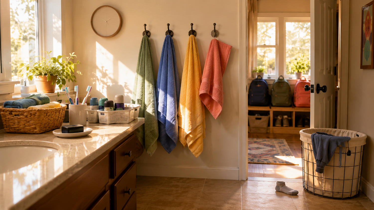 Shared family bathroom prepared for school with towels, washcloths, unbranded soap, deodorant, toothbrushes, hamper, and backpacks nearby.