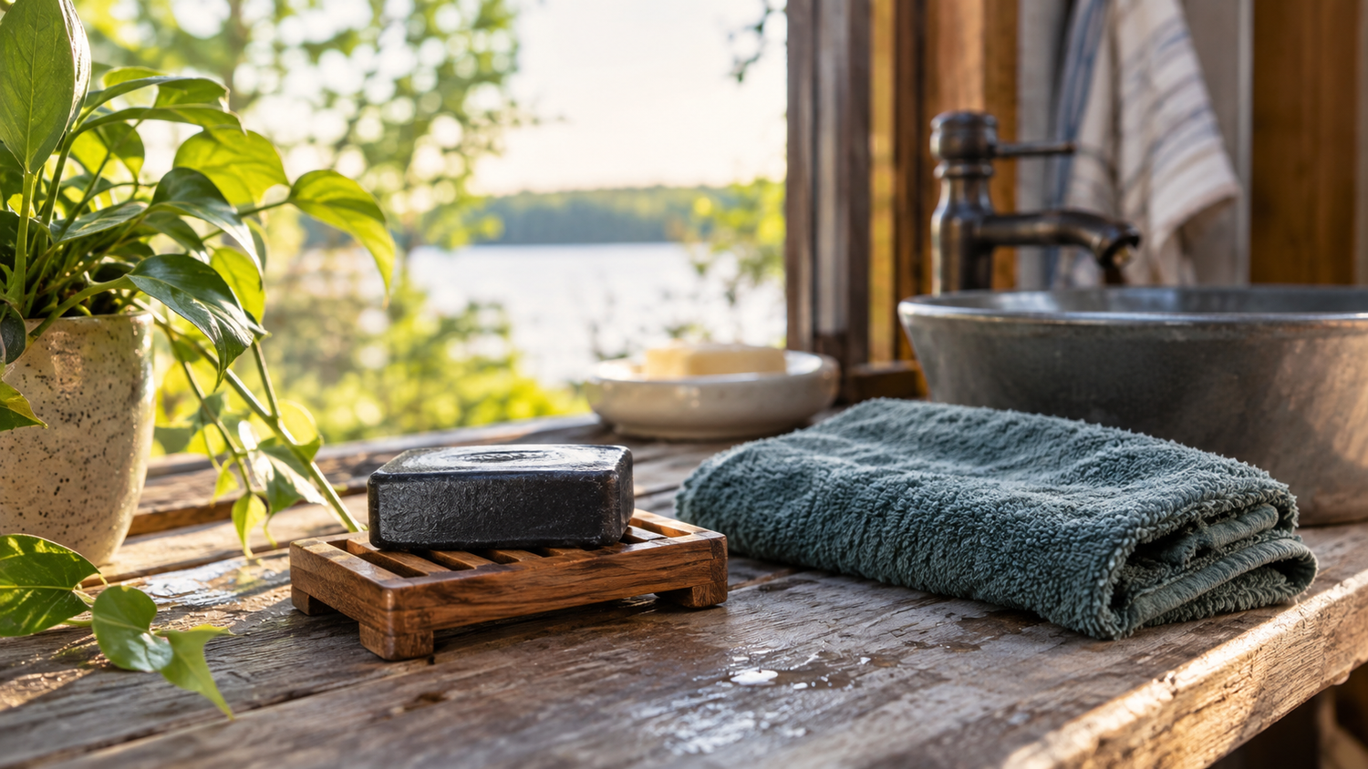 Unbranded soap bar drying on a slatted wooden soap rest at a rustic summer wash station with towel and greenery nearby.
