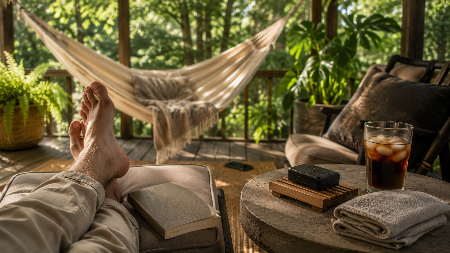 Relaxed summer porch with hammock, book, cold drink, phone set aside, clean towel, and unbranded soap waiting on a side table.