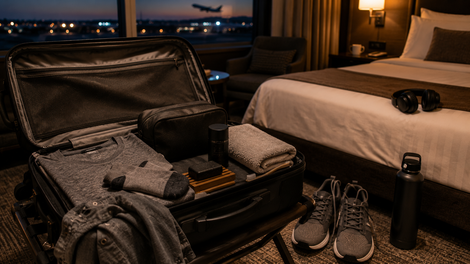 Hotel arrival setup with an open carry-on, clean shirt, fresh socks, toiletries, unbranded soap, deodorant, and distant airport lights.