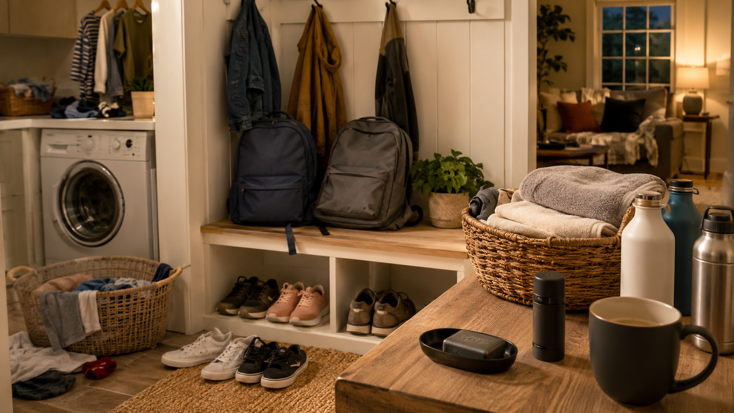 Sunday family reset with backpacks, clean clothes, towels, shoes, unbranded soap, deodorant, and water bottles in a hallway.