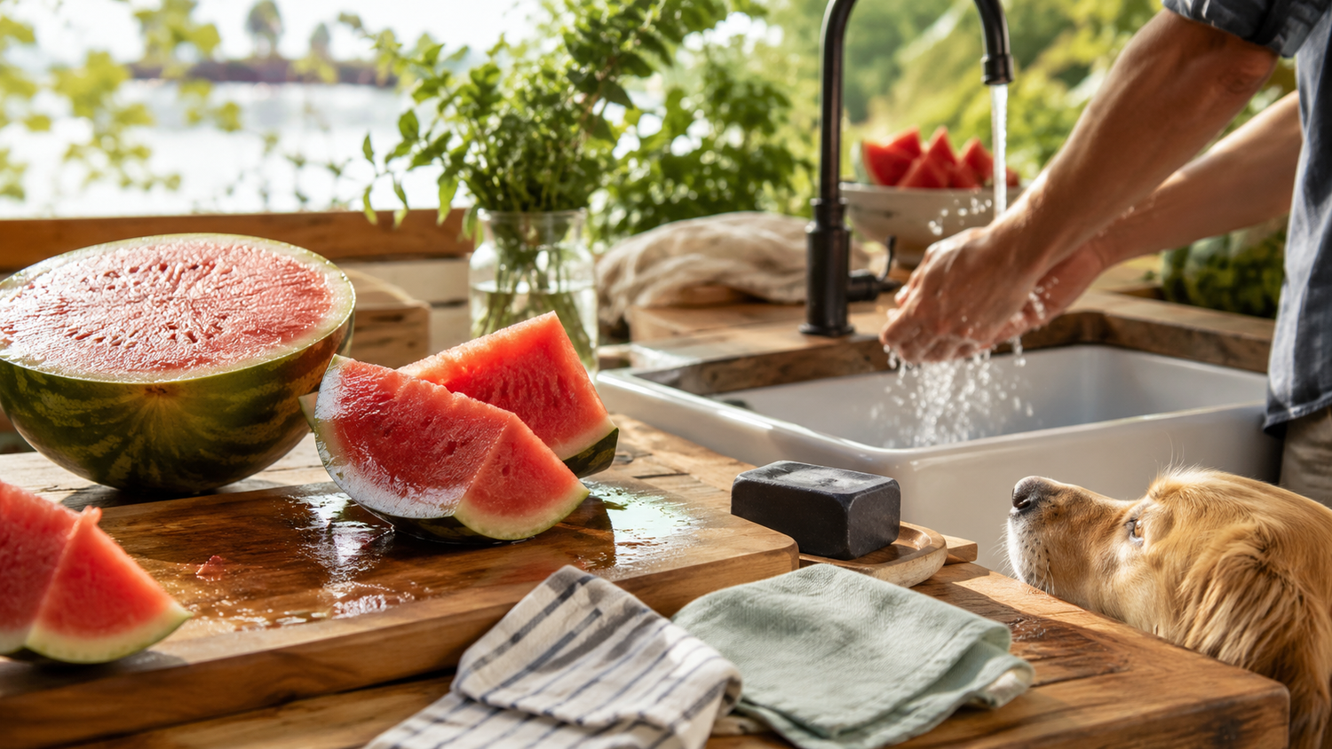 Watermelon cleanup scene with sliced melon, juicy cutting board, towel, unbranded soap, and a hand reaching toward the sink.