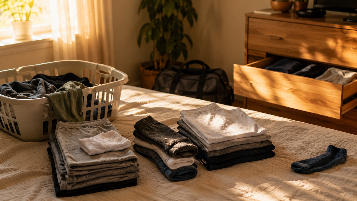 Clean underwear, socks, and T-shirts being folded beside an open dresser drawer, laundry basket, gym bag, and one unmatched sock.