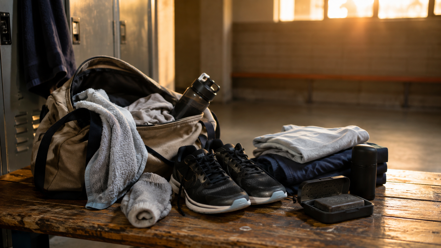 Open gym bag being emptied beside a locker with a damp towel, workout clothes, shoes, clean replacements, unbranded soap, and deodorant.