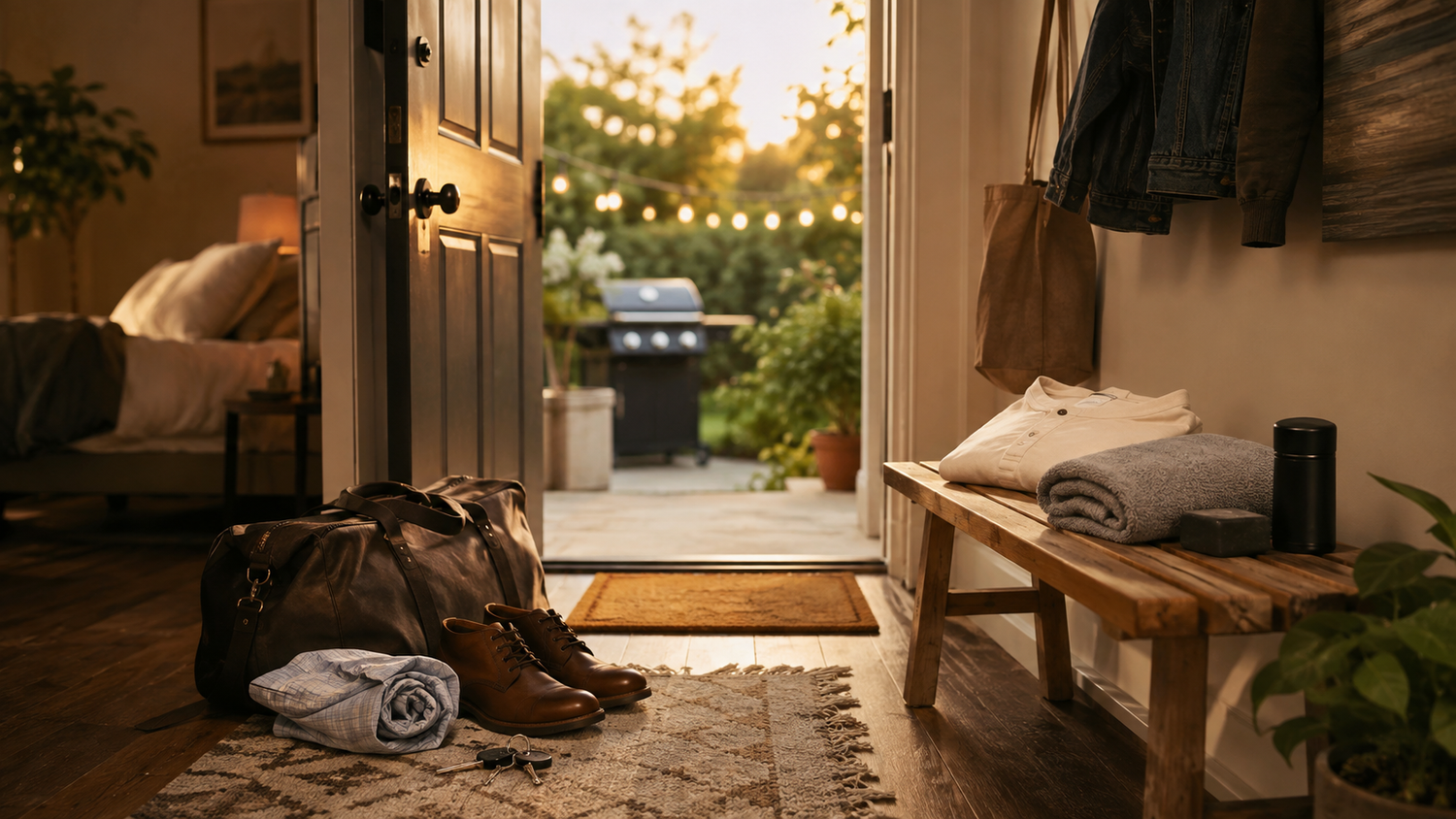 Friday evening entryway with work gear set aside and a clean shirt, towel, unbranded soap, and deodorant ready beside a backyard view.