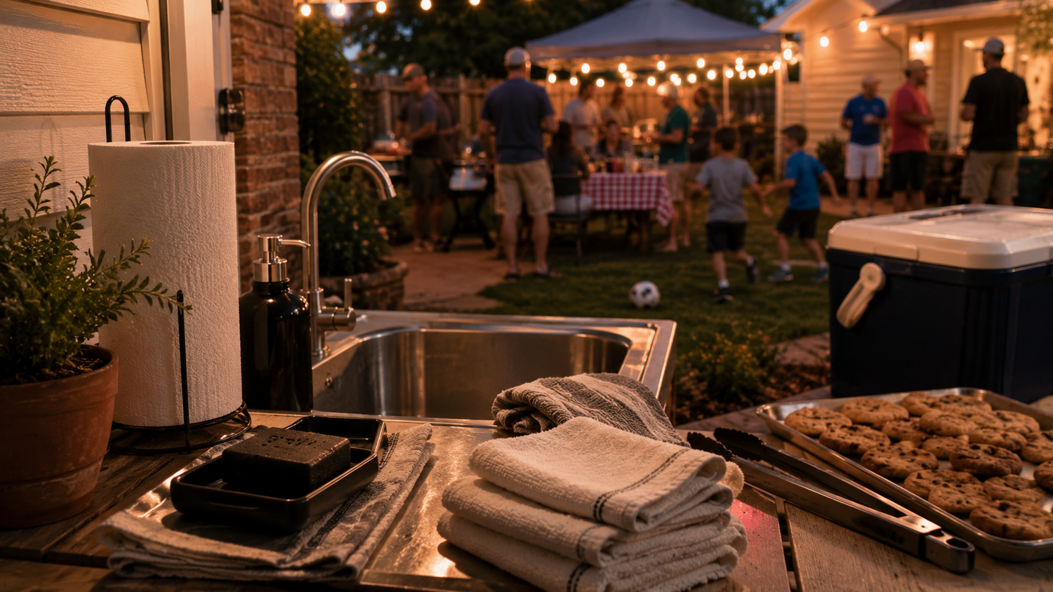 Neighborhood cookout cleanup station with an outdoor sink, unbranded soap, towels, grilling tools, cooler, and food under string lights.