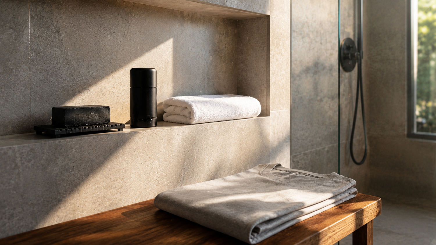 Minimal bathroom counter with unbranded soap, deodorant, folded towel, and clean shirt for a simple grooming routine.
