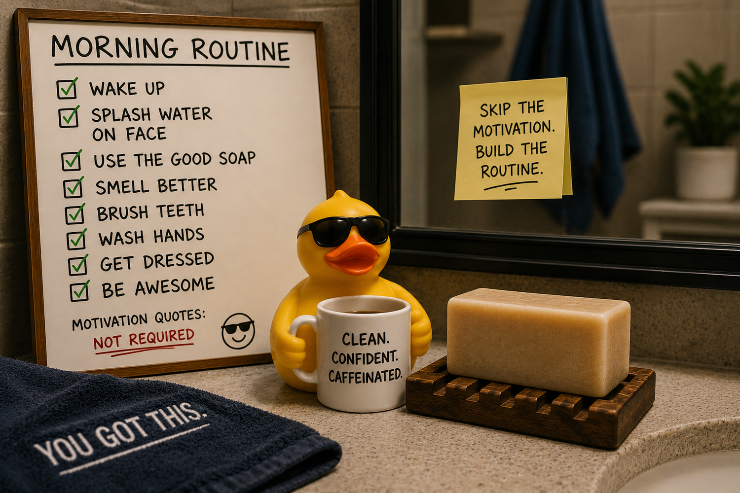 Humorous bathroom counter scene with a morning routine checklist, rubber duck wearing sunglasses, coffee mug, towel, and an unlabeled bar of soap on a wooden soap dish.