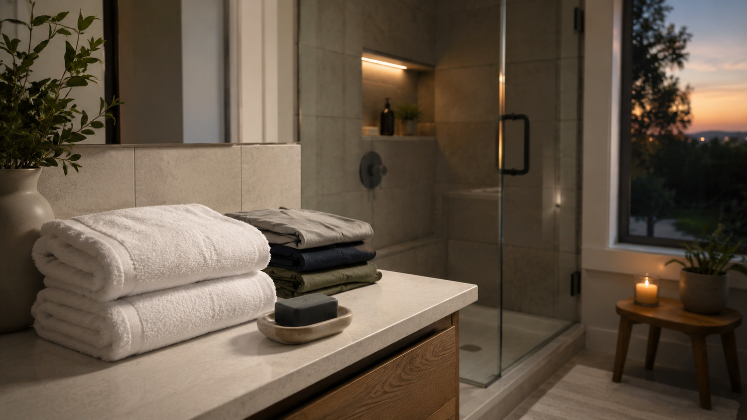 Clean bathroom prepared for a post-holiday reset with towels and soap.