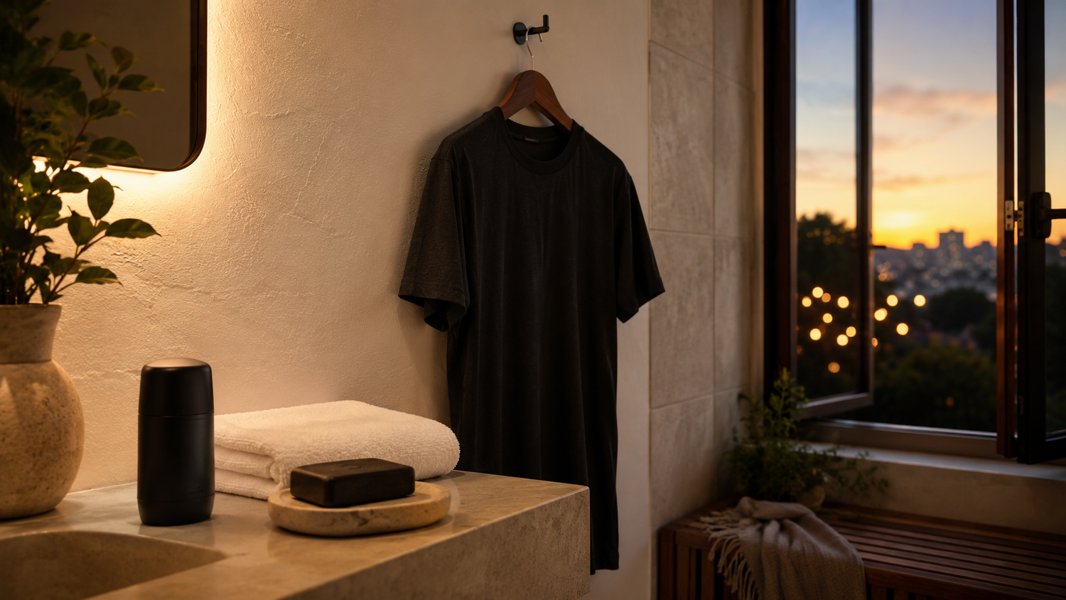 Evening bathroom counter with unbranded soap, deodorant, fresh towel, and a clean shirt ready for a summer night out.