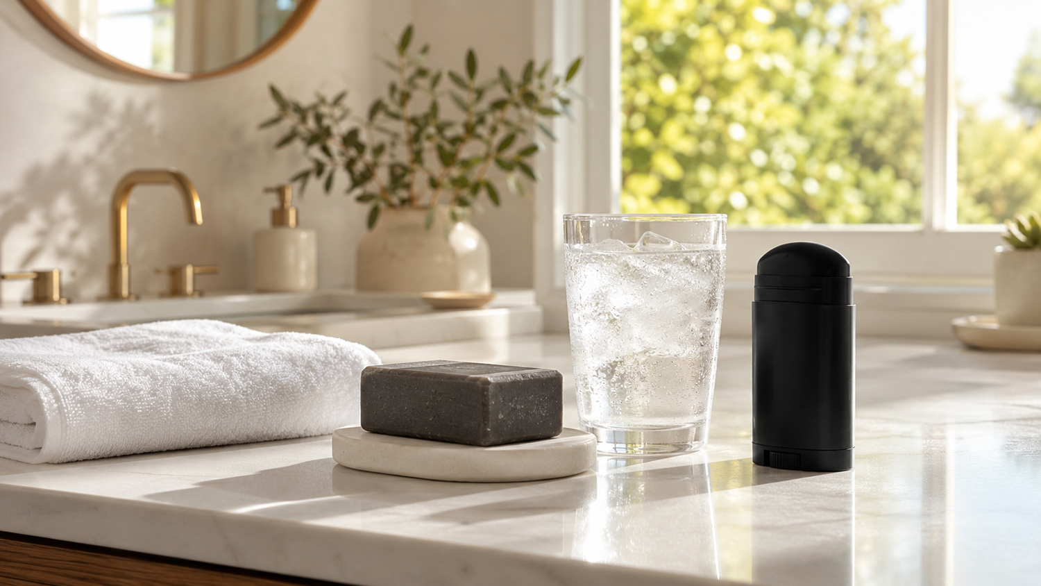 Sunlit summer bathroom with soap, towel, cold water, and deodorant arranged on a clean counter.
