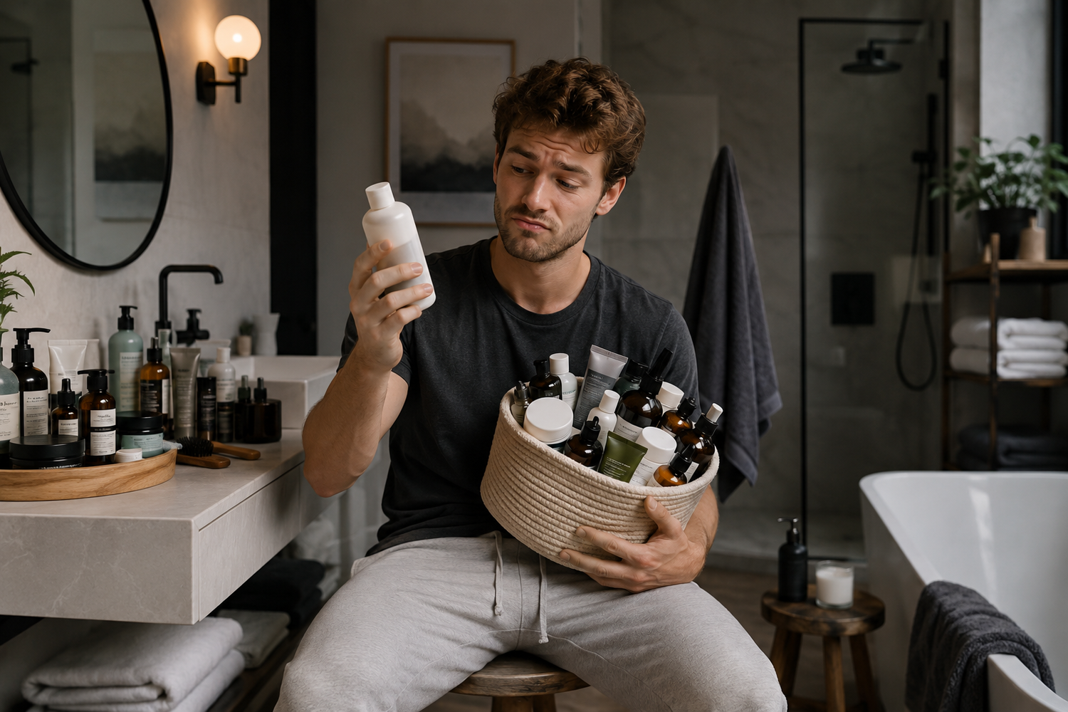 Man in a modern bathroom holding an unbranded bottle while sorting through a basket of too many personal care products