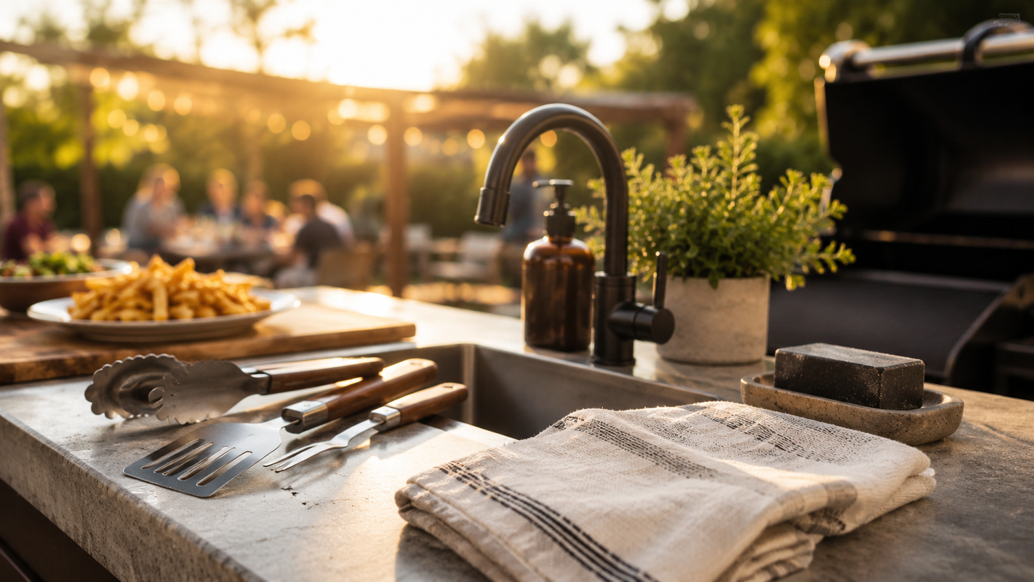 Backyard cookout cleanup scene with unbranded soap, towel, grilling tools, and summer food in the background.