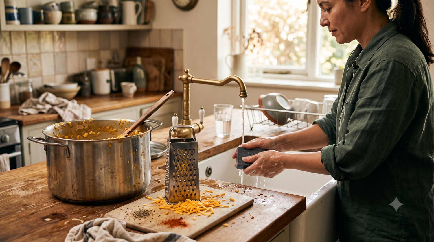 Adult washing their hands in a warm kitchen after cooking, with a pot, cheese grater, wooden spoon, and unbranded soap nearby.
