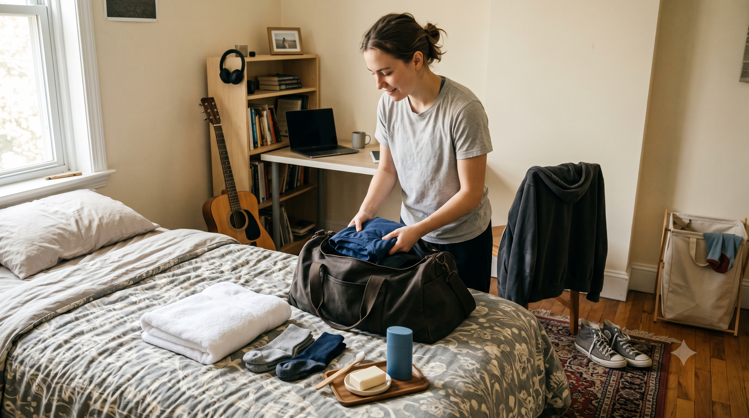 Teenager packing a duffel bag with clean clothing, towel, toothbrush, unbranded soap, and deodorant in a lived-in bedroom.