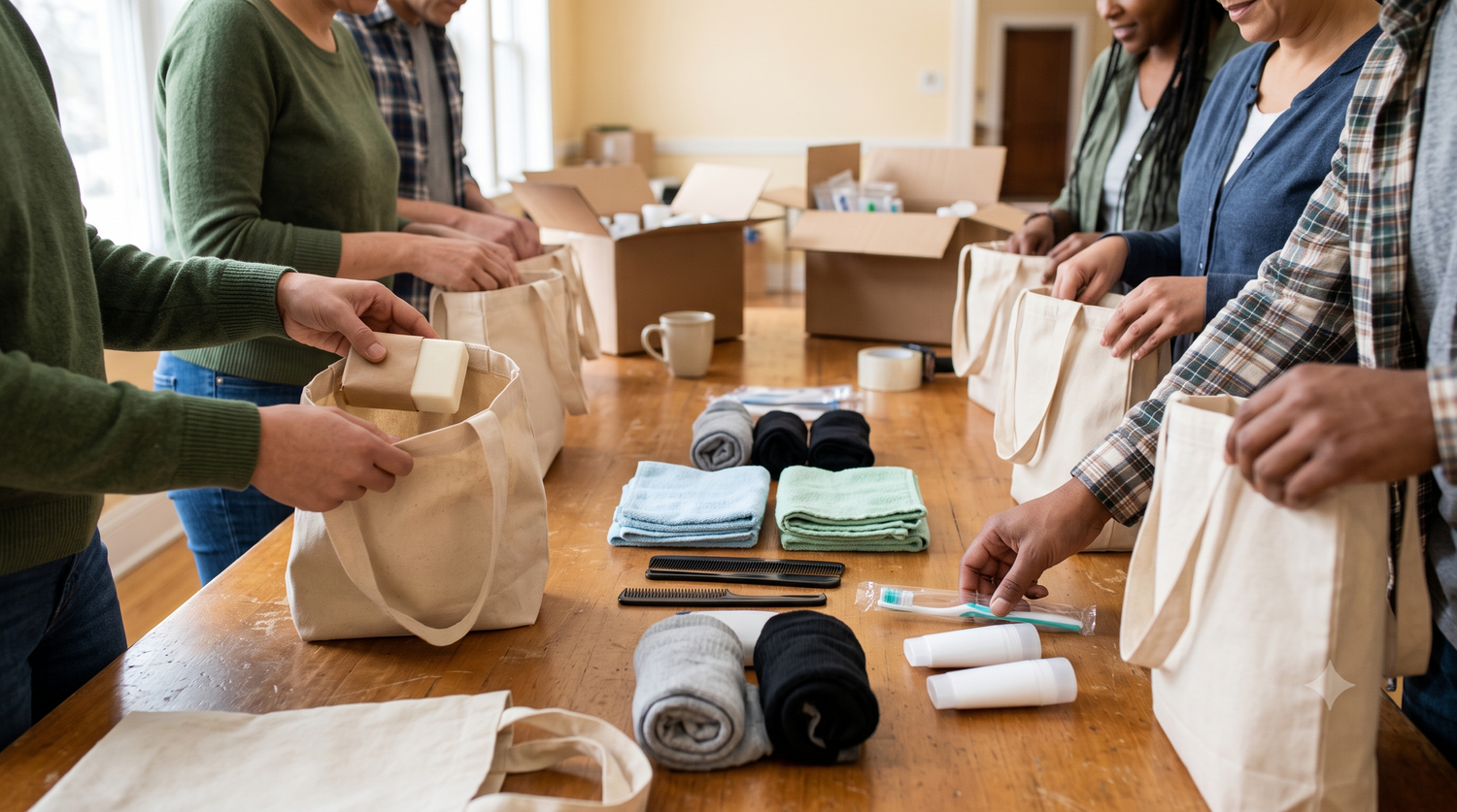 Volunteers packing unbranded soap, toothbrushes, deodorant, washcloths, combs, and socks into hygiene donation kits.