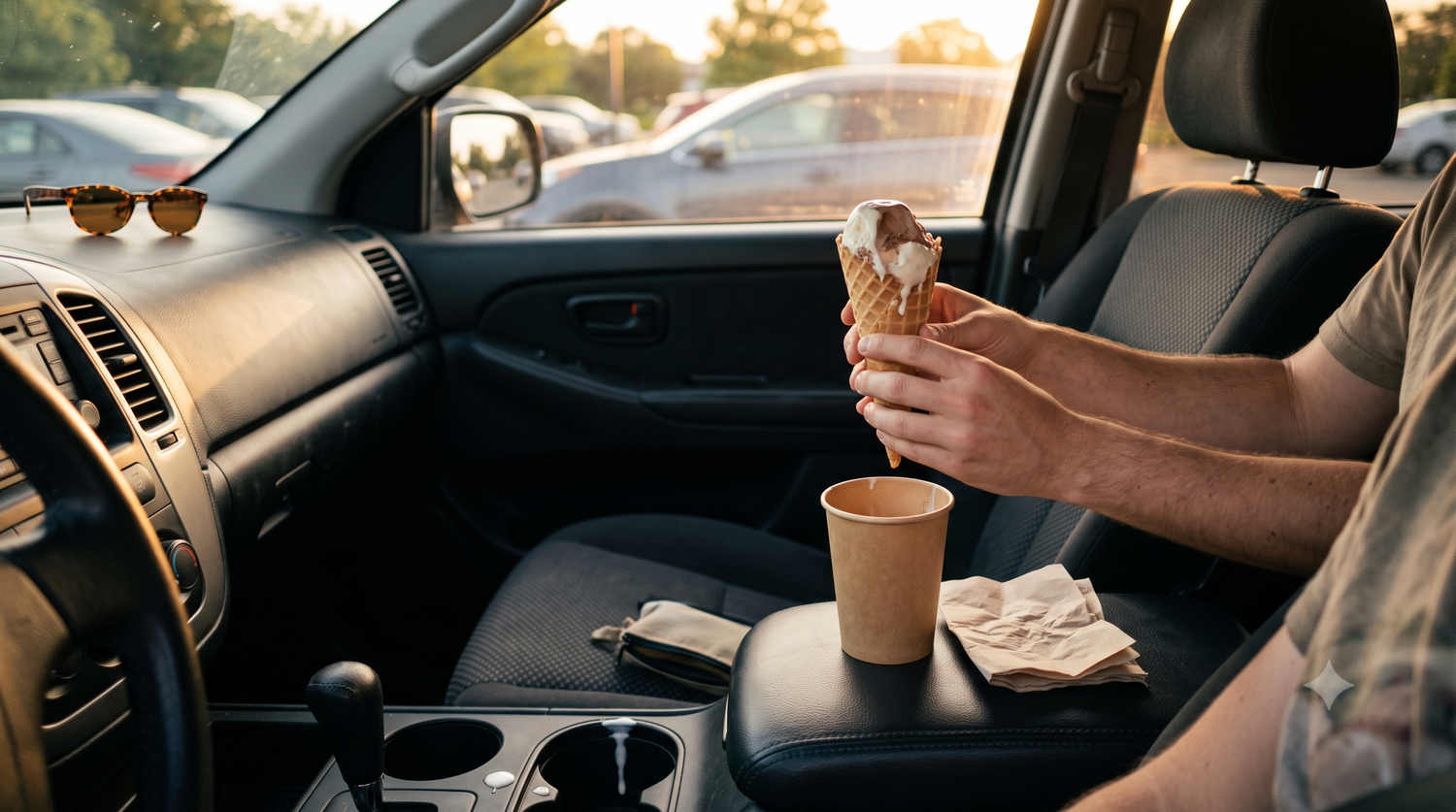 Melting ice cream cone held inside a parked car with napkins and a small cleanup kit ready near the cup holder.