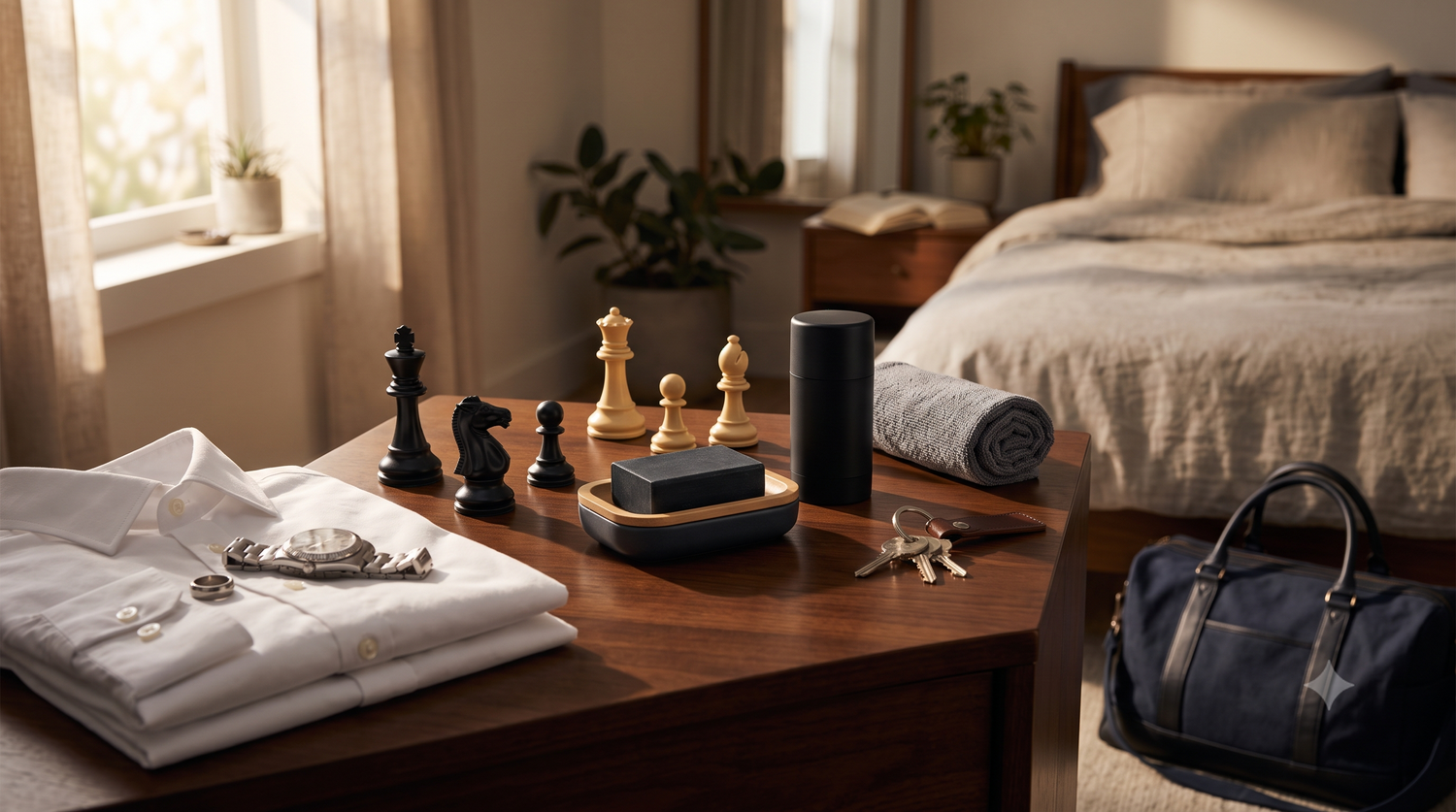 Monday grooming essentials arranged with black and ivory chess pieces on a dresser beside a packed gym bag.