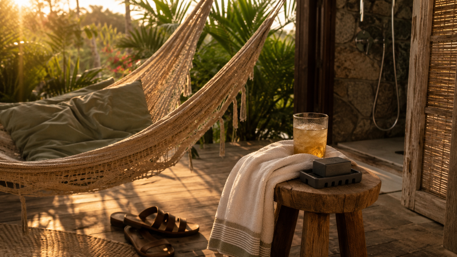 Summer hammock beside a folded towel and unbranded soap near an outdoor shower during golden hour.