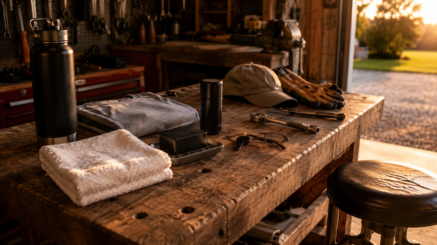 Clean shirt, towel, soap, deodorant, water, and keys arranged beside tools on a warm, lived-in garage workbench.