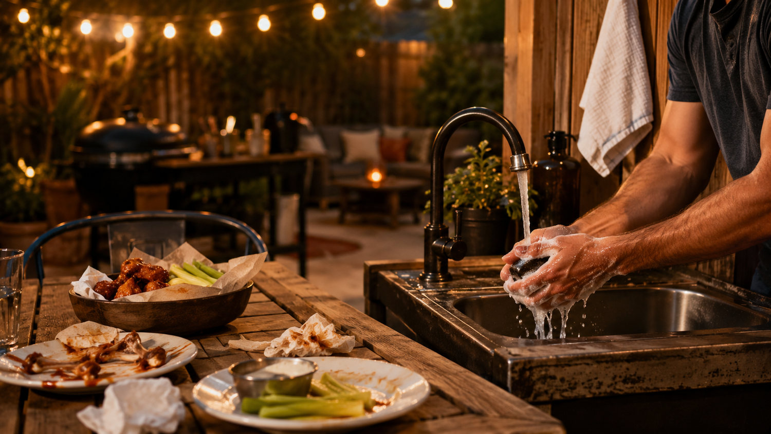 Backyard wing-night cleanup scene with sauce napkins, wings, outdoor sink, towel, and unbranded soap.