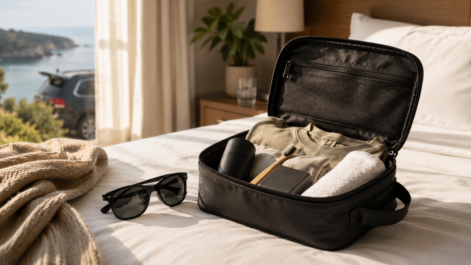 Open toiletry bag on a hotel bed with unbranded soap, deodorant, toothbrush, sunglasses, folded shirt, and small towel.