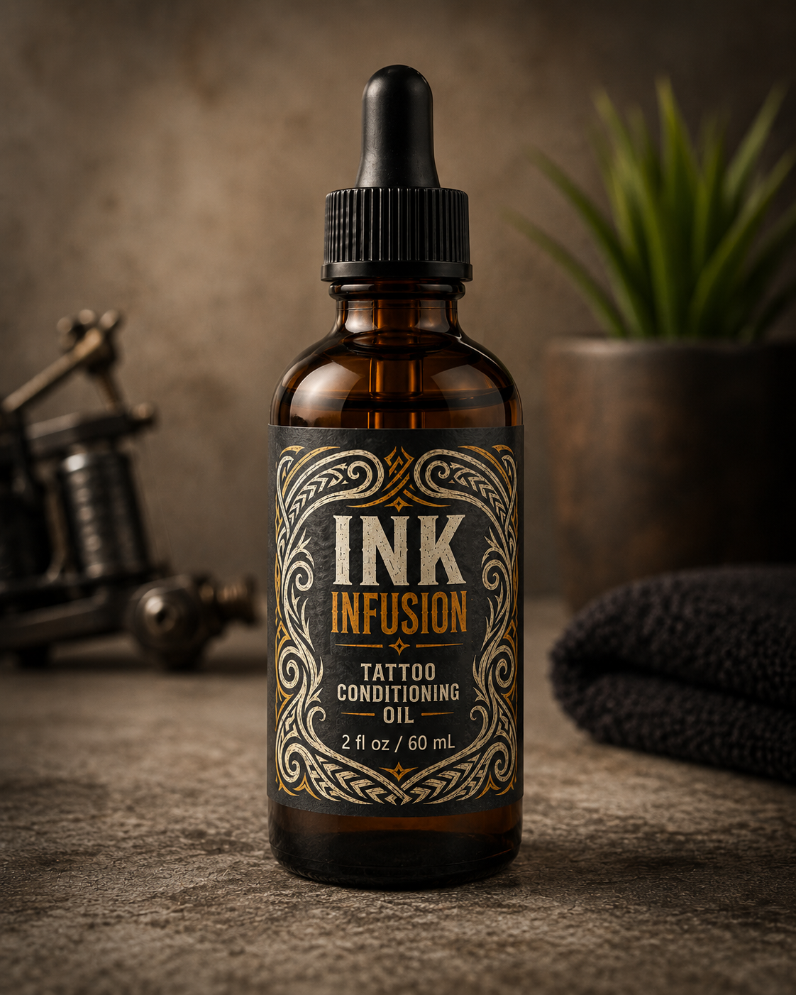 Ink Infusion Tattoo Conditioning Oil in a 2 oz amber dropper bottle displayed on a textured stone surface with a tattoo machine, dark towel, and greenery softly blurred in the background.