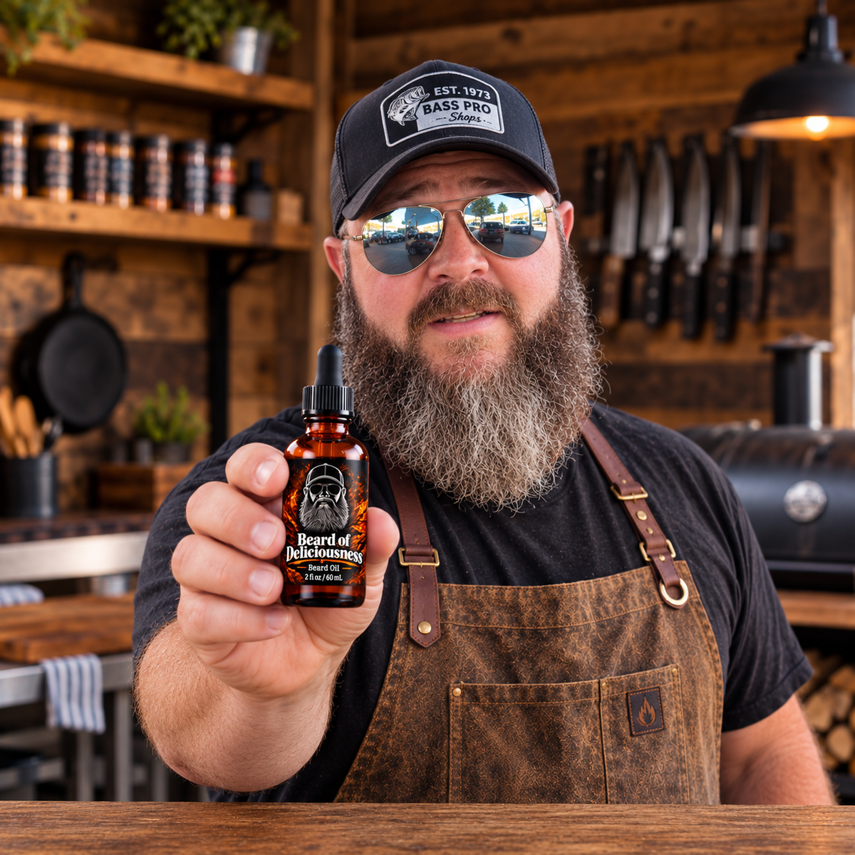 Matt Ramsey holding Beard of Deliciousness Beard Oil in a rustic BBQ kitchen, showcasing The Rub's signature beard grooming collaboration.