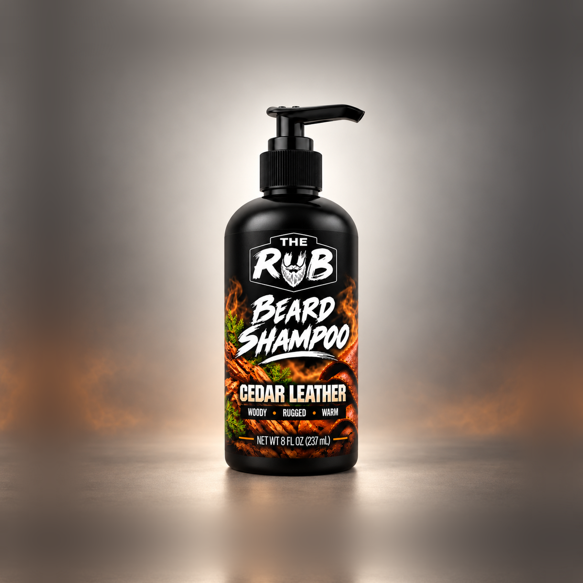 The Rub Beard Shampoo in Cedar Leather scent, 8 oz black pump bottle with woodsy, rugged beard care label