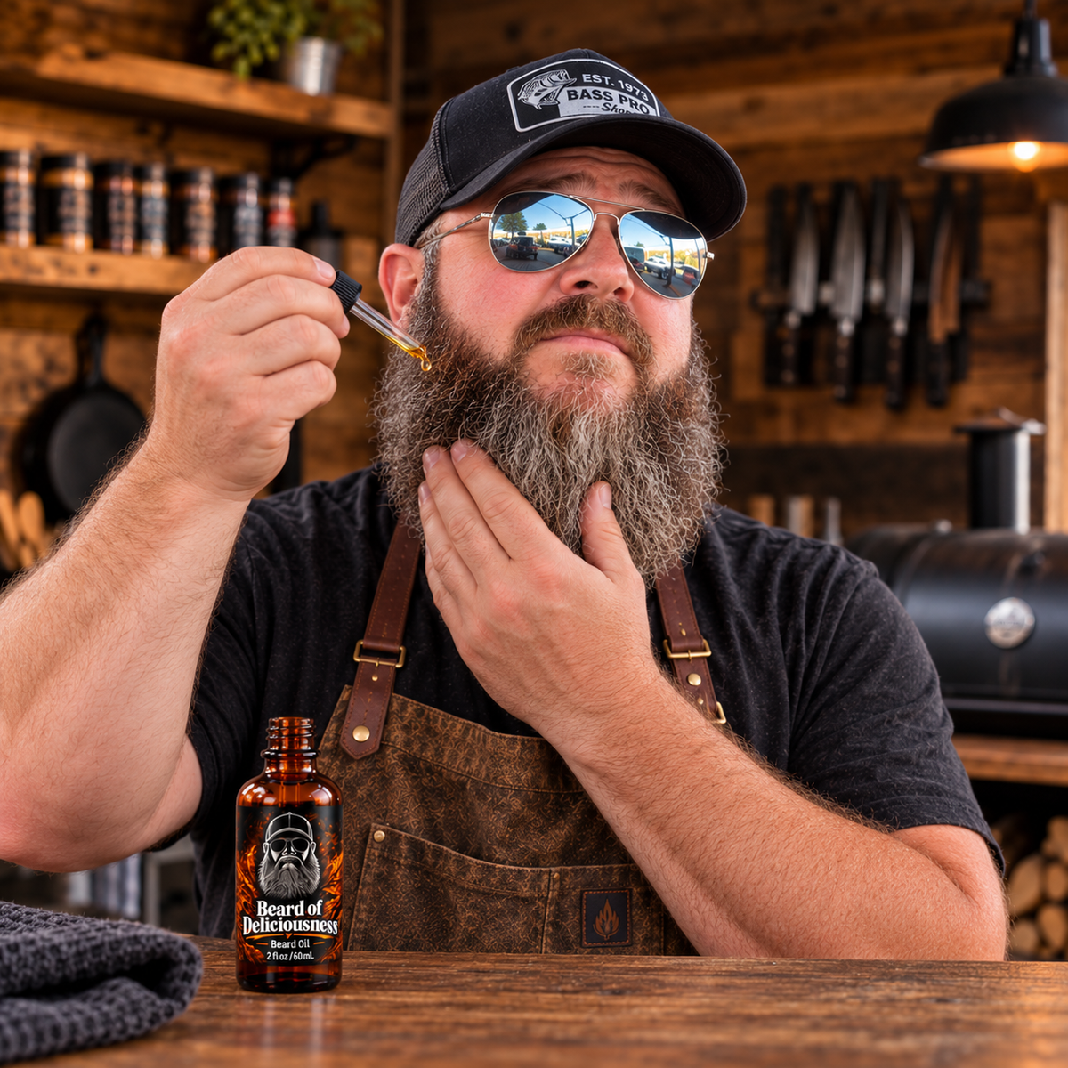 Matt Ramsey applying Beard of Deliciousness Beard Oil to his thick beard using a glass dropper, with the amber bottle displayed in a rustic workshop.
