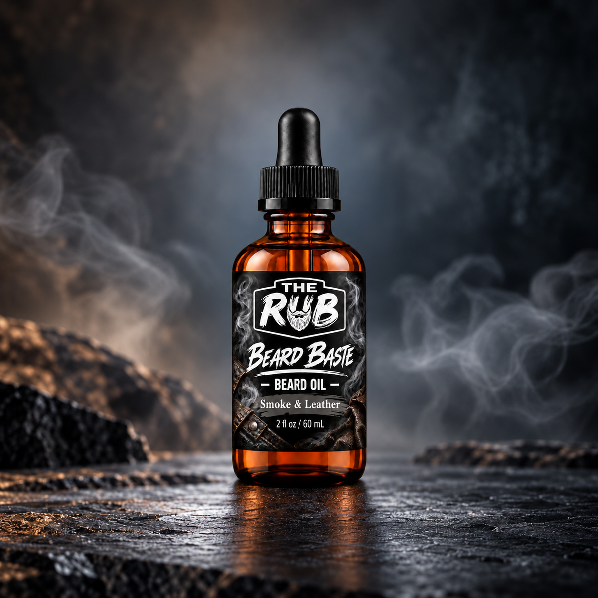 The Rub Beard Baste Smoke & Leather Beard Oil – 2 oz amber dropper bottle with bold smoky leather scent, featuring a rugged slate-blue background with swirling smoke.