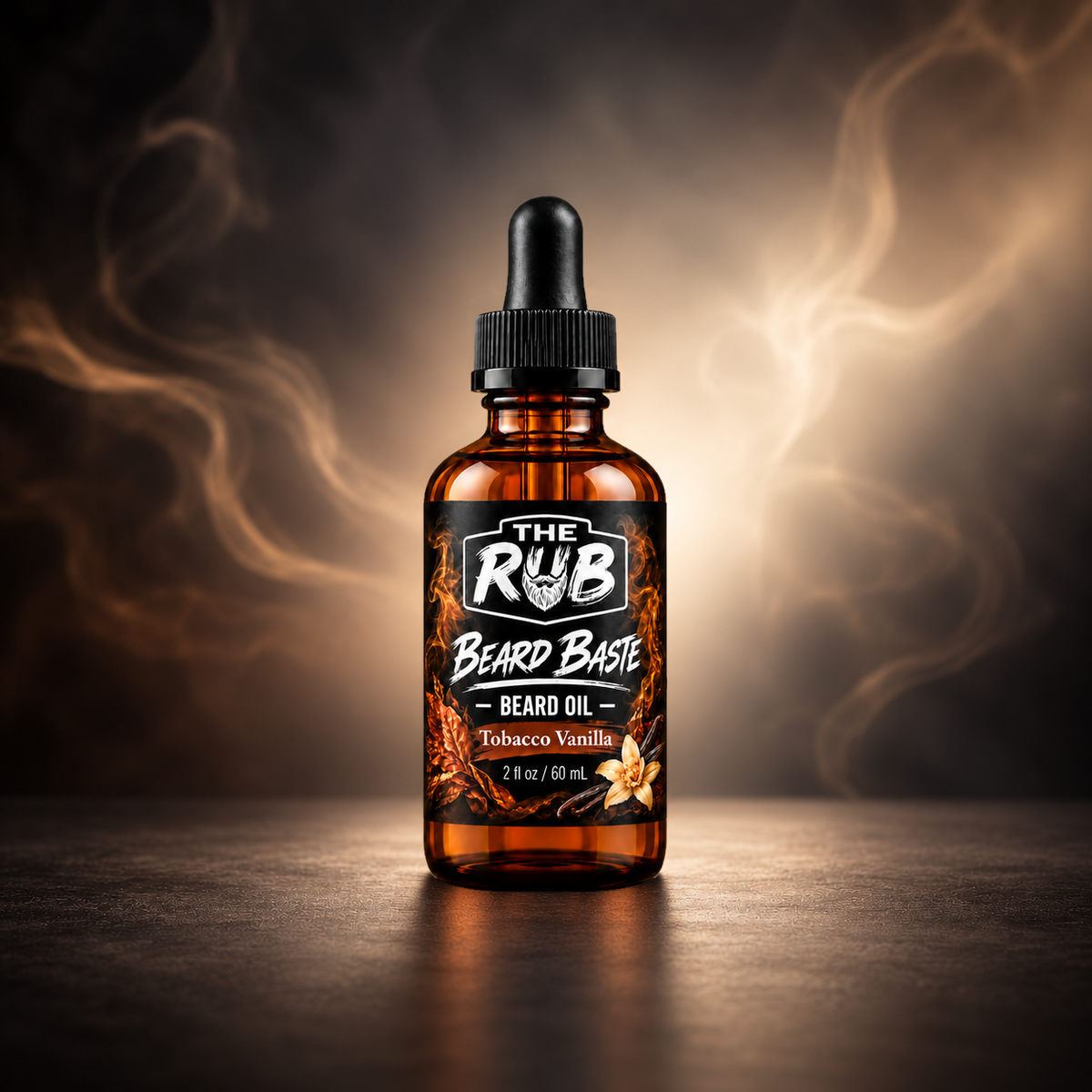 The Rub Beard Baste Tobacco Vanilla Beard Oil – 2 oz amber dropper bottle with rich tobacco and warm vanilla scent, premium men's beard grooming oil.