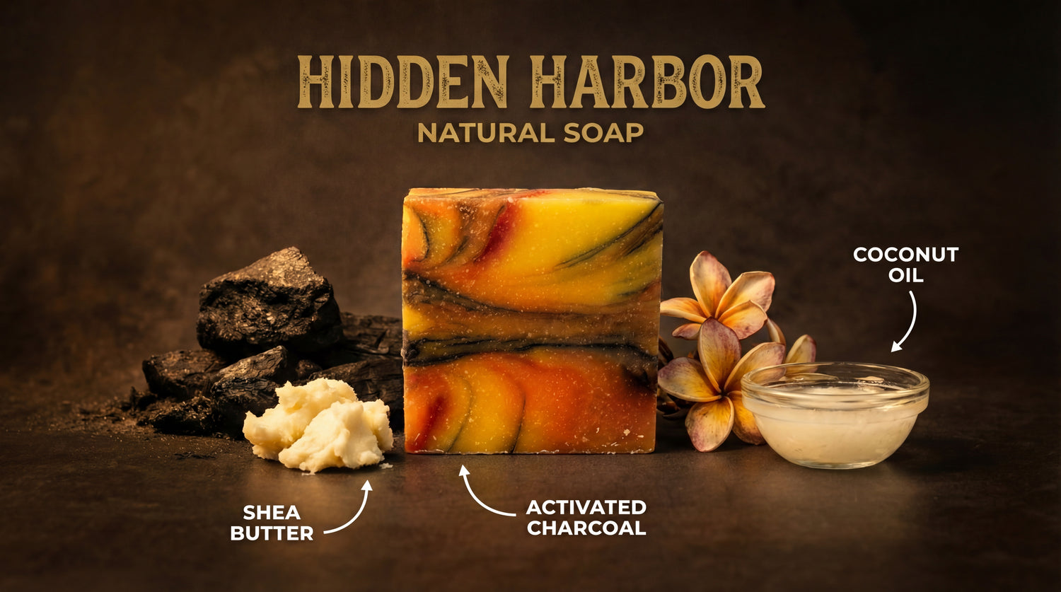 Hidden Harbor natural bar soap with ingredients: activated charcoal, shea butter, coconut oil, and tropical flowers.
