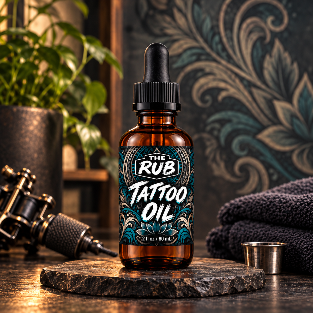 The Rub Tattoo Oil 2 oz amber glass dropper bottle with teal tattoo-inspired label, displayed in a tattoo studio setting with a tattoo machine and dark stone backdrop.