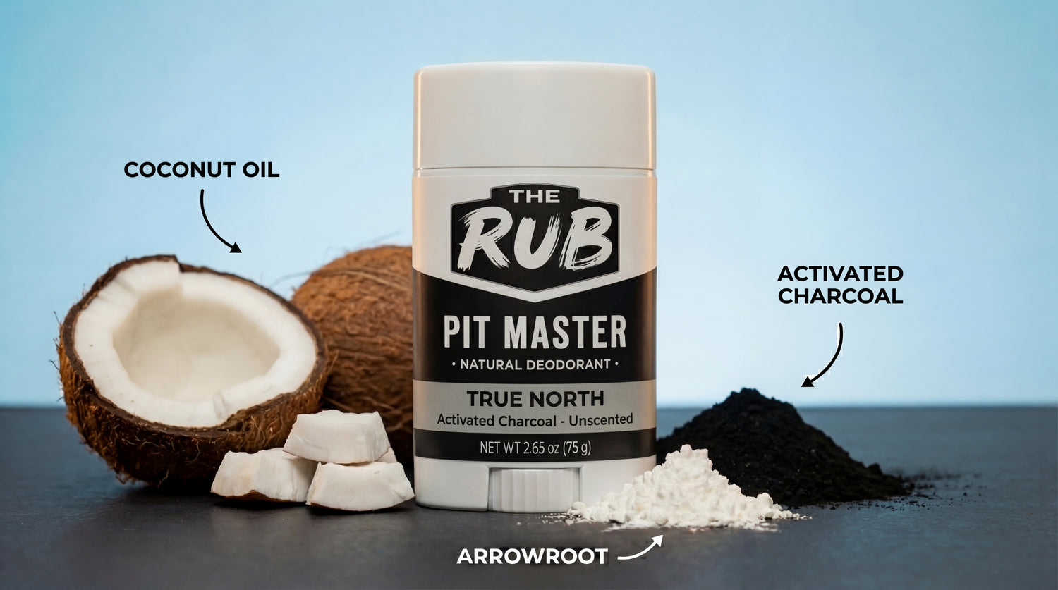 True North unscented natural deodorant stick with coconut oil, activated charcoal, and arrowroot ingredients on a teal background.