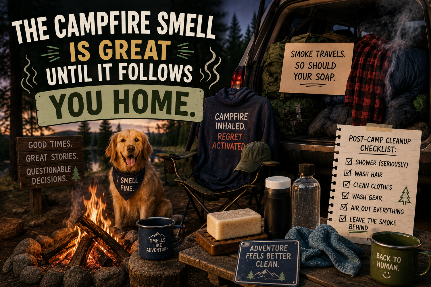 Humorous campsite scene at sunset featuring a campfire, camping gear, smoky clothing, a happy dog, an unlabeled bar of soap, and playful signs about leaving campfire smells behind after an outdoor adventure.