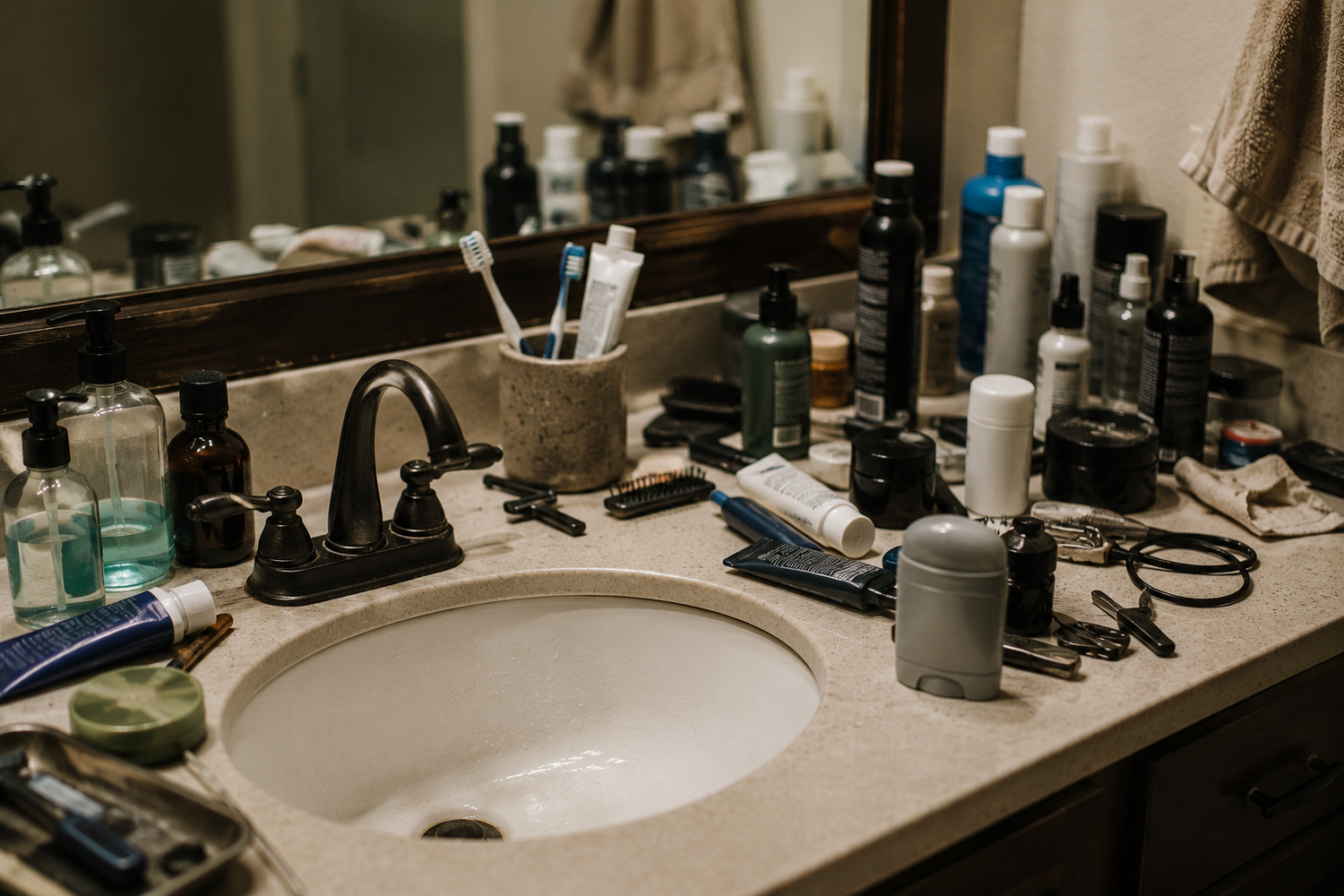 Cluttered bathroom counter filled with toiletries, grooming products, toothbrushes, and personal care items surrounding a sink and mirror.